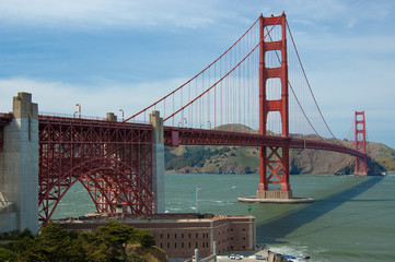 Golden Gate Bridge on blue sky with white clouds