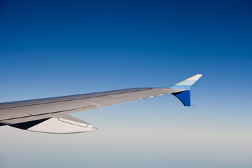 Fototapeta na wymiar Widok skrzydła samolotu odrzutowego komercyjnych w locie.