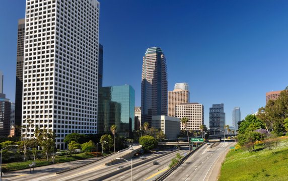 Los Angeles city skyline and freeway