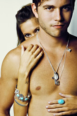 young couple male female silver jewelry model