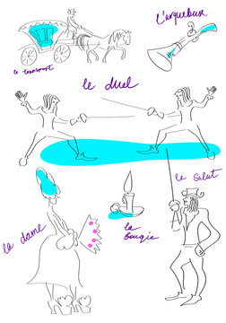 Sketches of people and objects of 17-18 century. Vector.