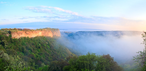 Morning misty view from top of Mangup ancient settlement
