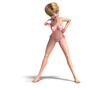 cute and funny cartoon girl wearing a two piece bikini. 3D rende