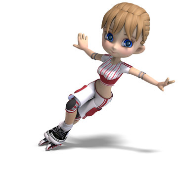 cute cartoon girl with inline skates. 3D rendering with clipping