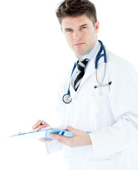 Self-assured male doctor holding a clipboard