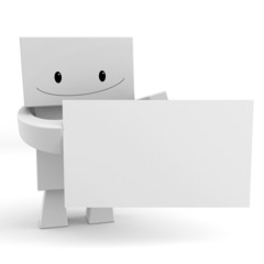 3D character holding a blank board ready to add text