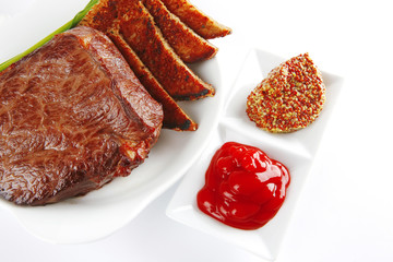 beef and bread on white