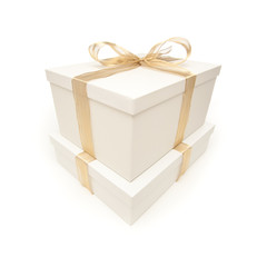 Stacked White Gift Boxes with Gold Ribbon Isolated
