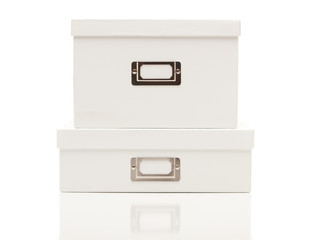 Stacked Blank White File Boxes with Lids on White