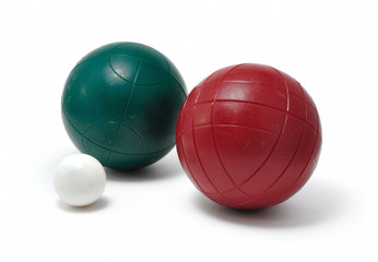 Red and Green Bocce Balls and Pallino (Jack or Boccino)