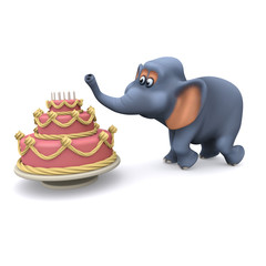 3d Elephant eats a small cake