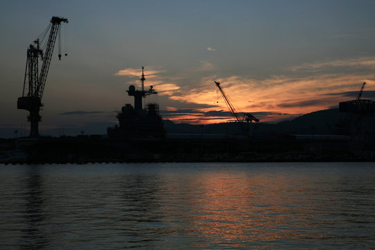 Orange sunset in the port of Toulon in France