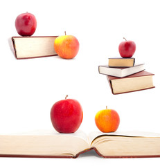 Set of the thick books and apples on a white background