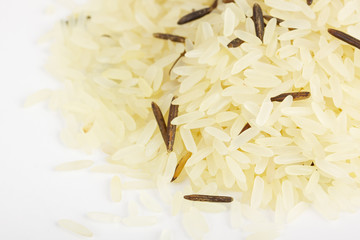 Closeup of long rice mixed with wild rice isolated on white