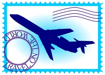 Stamp "travel by plane on the world" vector