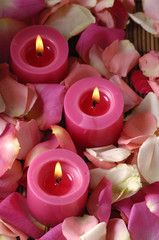 top view row of candles with rose petals