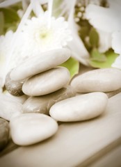 Fototapeta na wymiar Pebbles, white flowers