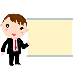 Speaking businessman pointing at blank placard