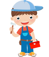 a boy with tool box on white background