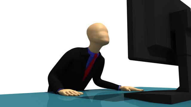 3d man sitting in front of a screen at a table