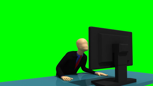 3d man sitting in front of a screen at a table