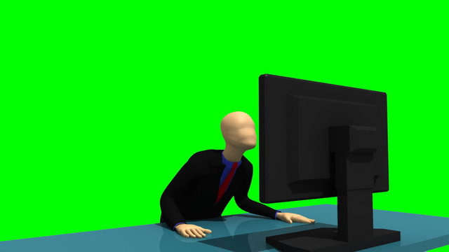 3d man sitting in front of a screen at a table