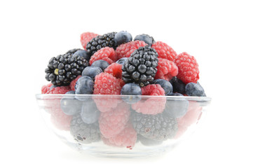 Pot of raspberries, blueberries and blackberries