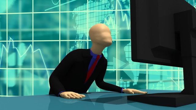 3d man sitting in front of a screen at a table