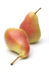 Two ripe yellow-red pears on a white background