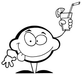 Outlined Mascot Cartoon Lemon Holding A Glass With Lemonade