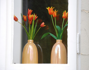 Fenster mit Tulpenvasen