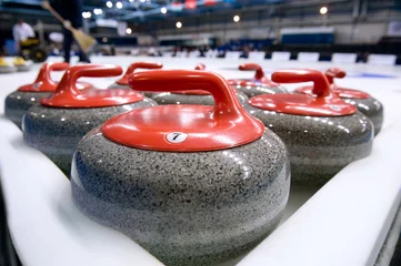 Abwaschbare Fototapete Gruppe von Curling-Felsen auf Eis © Max Tactic