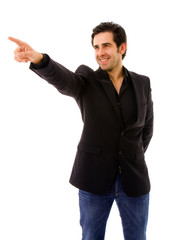 Fototapeta premium young business man in a suit pointing with his finger