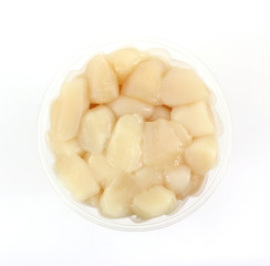 Sea scallops in clear plastic storage container