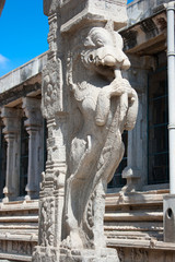 Stone sculptures on pillar in Sri Meenakshi hindu temple