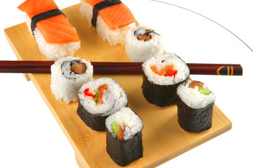 sushi rolls on wooden plate