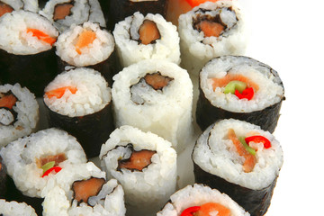 mixed sushi types on white