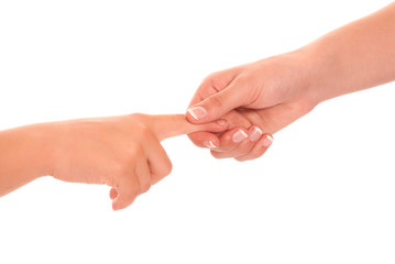 young woman and children girl handshake isolated on white