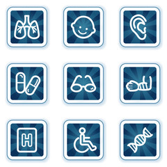 Medicine web icons set 2, navy square buttons