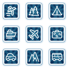 Travel web icons set 1, navy square buttons