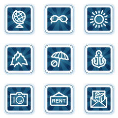 Travel web icons set 5, navy square buttons