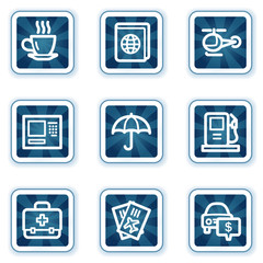 Travel web icons set 4, navy square buttons