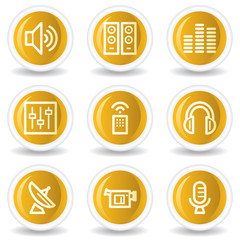 Media web icons, yellow glossy circle buttons