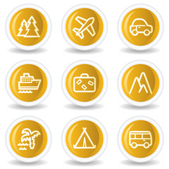 Travel web icons set 1, yellow glossy circle buttons