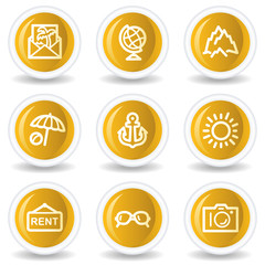 Travel web icons set 5, yellow glossy circle buttons