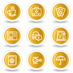 Travel web icons set 4, yellow glossy circle buttons