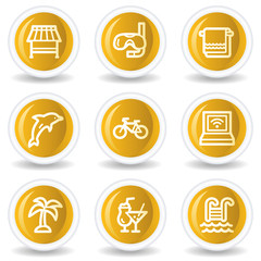 Vacation web icons, yellow glossy circle buttons