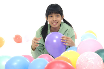 Fototapeta na wymiar pretty stylish happy girl with balloon on white