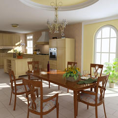 3d render classic dining room and kitchen