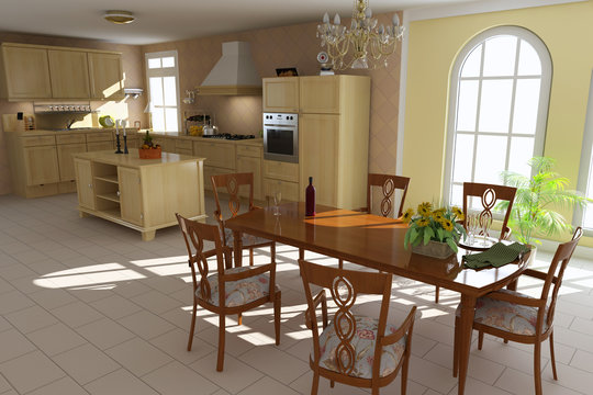 3d render classic dining room and kitchen